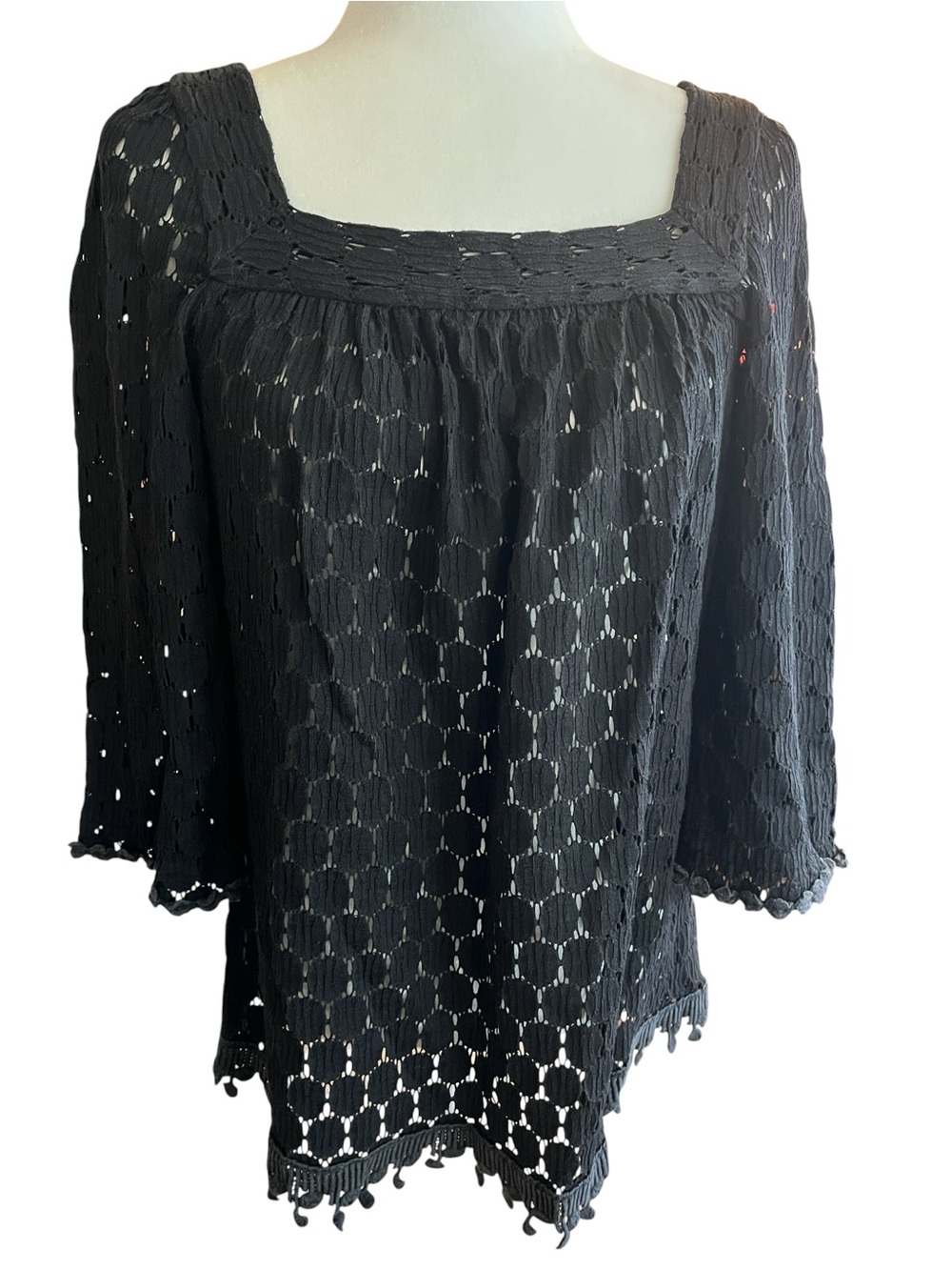 Anna Sui Black Textured Lace Top Square-Neck Tunic Size Petite